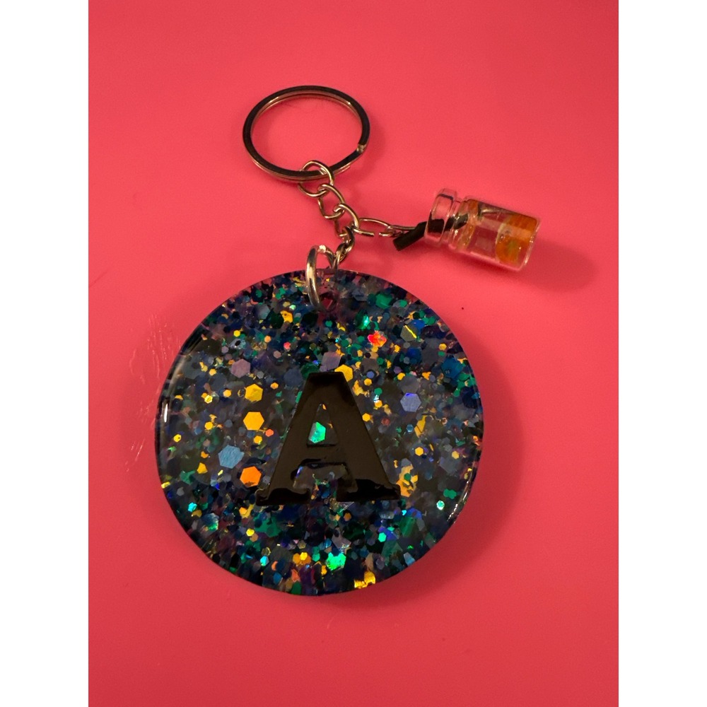 Handmade Resin Letter A Keychain Glitter Galaxy Initial Charm with Mini Bottle